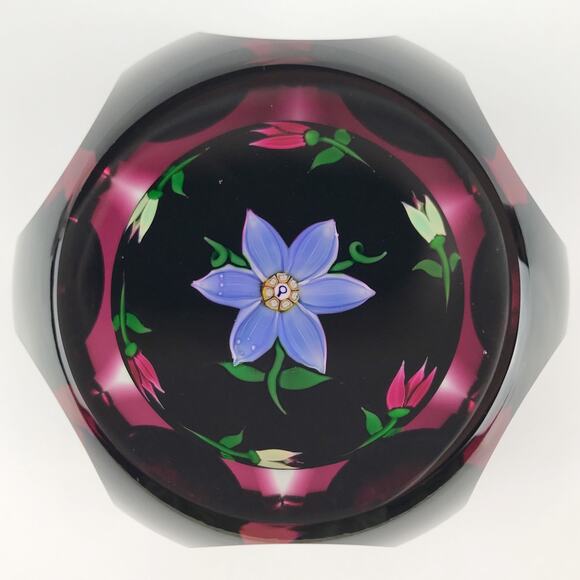 Perthshire 1980C Floral Amethyst Flash Overlay Faceted Lampwork Paperweight Cert - Picture 1 of 16